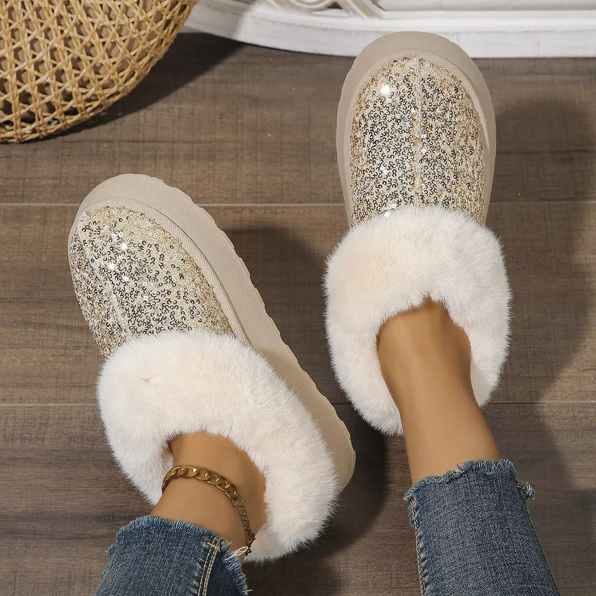 Sequined plush slippers with thick soles for winter warmth in blue, gold, black, and pink