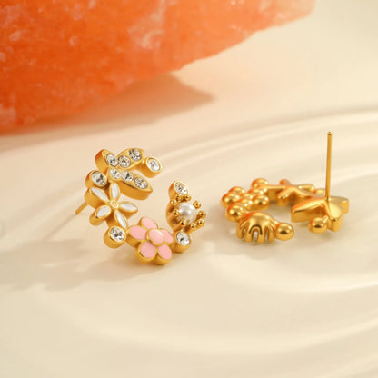 Stainless steel flower stud earrings with 18K gold electroplating and colourful diamond oil pendant