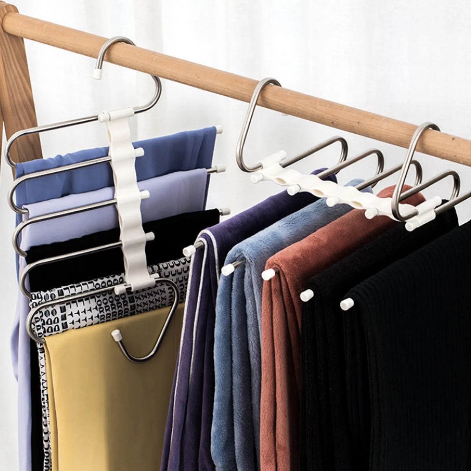 Five-boom stainless steel wardrobe hanger for trousers showing both level and vertical hanging methods