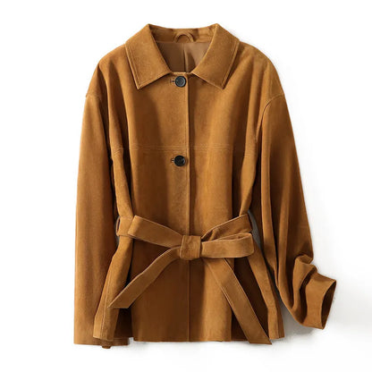 Yellow brown cashmere coat with Peter Pan collar and leather stitching details, belt at waist