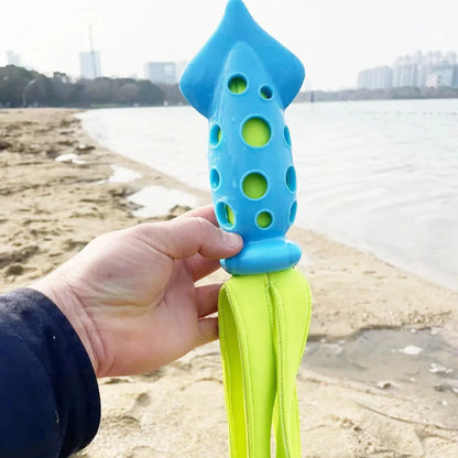 Blue cuttlefish-shaped dog chew toy with squeaker measuring approximately 39 cm