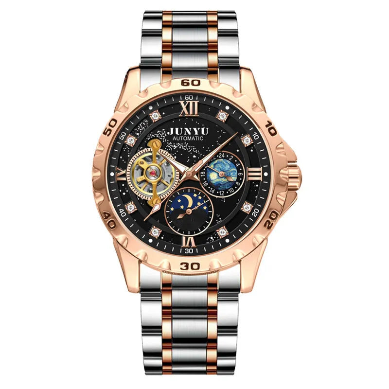 Men's automatic mechanical watch with luminous hands on starry sky dial in rose gold case