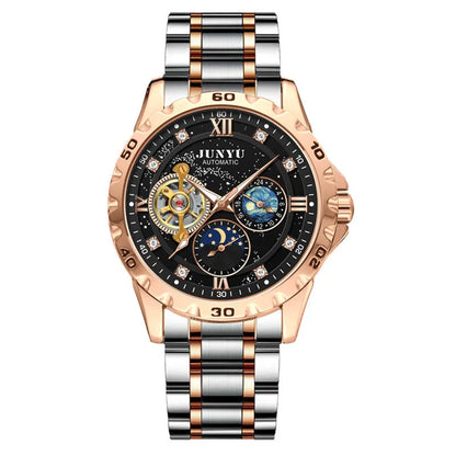 Men's automatic mechanical watch with luminous hands on starry sky dial in rose gold case