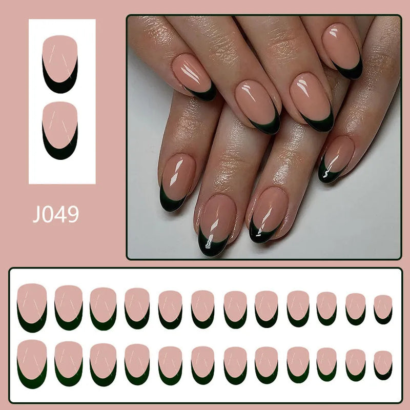 Manicure accessory set with a classic French style design and short almond-shaped press-on nails that provide a simple black colourway for easy all-matching wear, a pack of 24 individual nail art pieces for convenient application.