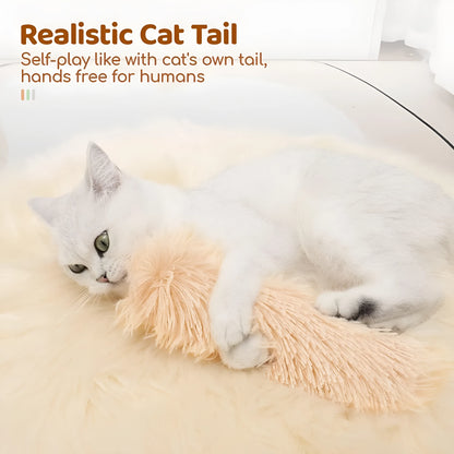 Plush cat toy pillow in blue, green, pink, and white colours measuring 27 by 10 centimetres