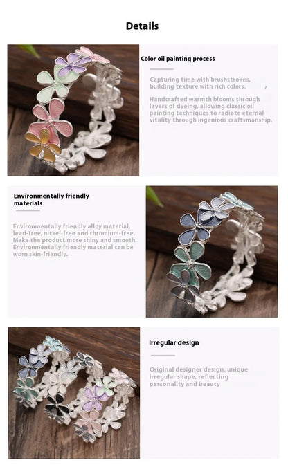 Women's zinc alloy flower elastic bracelet with dripping oil finish in three colour variations