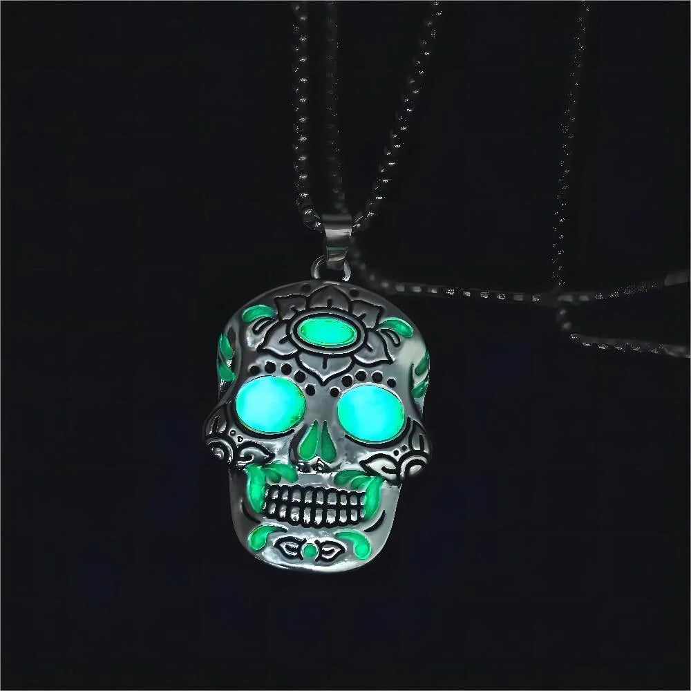 Glowing Halloween skull necklace with intricate Day of the Dead lotus pattern and vibrant color options