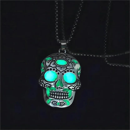 Glowing Halloween skull necklace with intricate Day of the Dead lotus pattern and vibrant color options