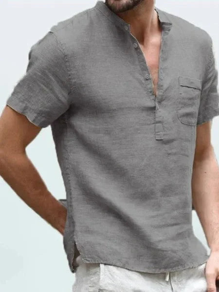 Men's casual linen V-neck short sleeve shirt in various colors for summer