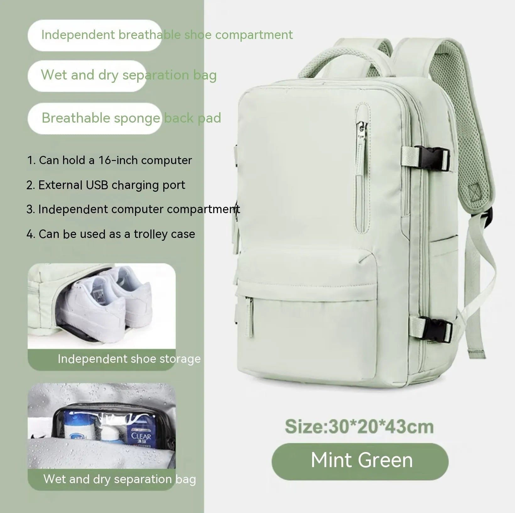 Large capacity waterproof mummy backpack in mint green colour with nylon material and 30-litre storage