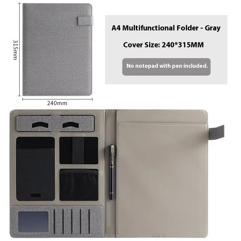 Leather A4 business folder showing 35mm thickness and 325x250mm dimensions with optional pen and notepad accessories