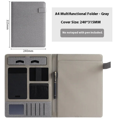 Leather A4 business folder showing 35mm thickness and 325x250mm dimensions with optional pen and notepad accessories