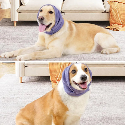 Black dog calming hoodie head wrap covering ears, shown on a dog as a hood and neck scarf.