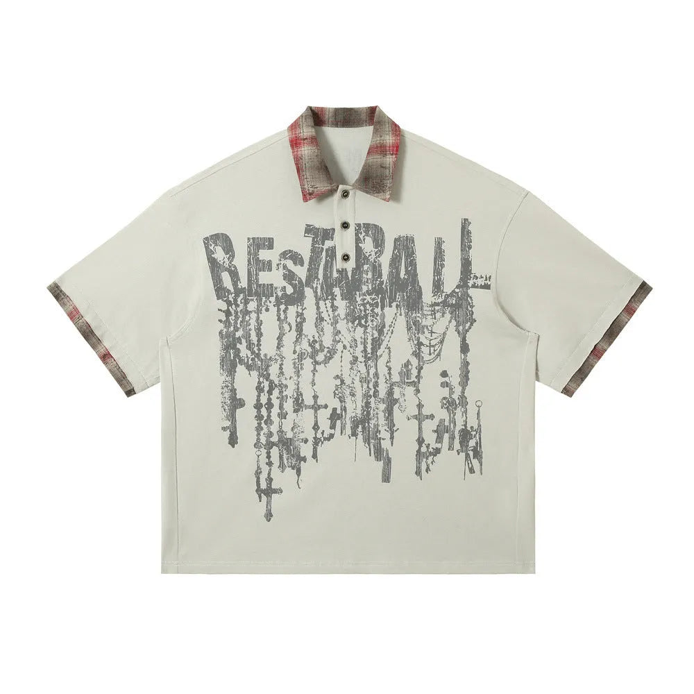 Men's asymmetric lapel graffiti print cotton top in loose fit with short sleeves for summer street style