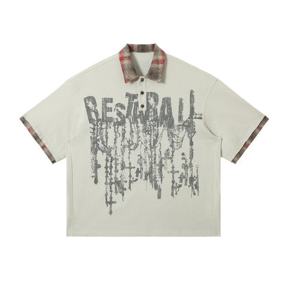 Men's asymmetric lapel graffiti print cotton top in loose fit with short sleeves for summer street style