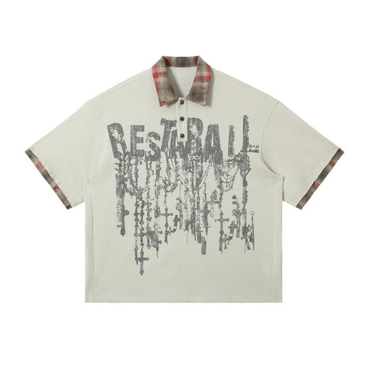 Men's asymmetric lapel graffiti print cotton top in loose fit with short sleeves for summer street style