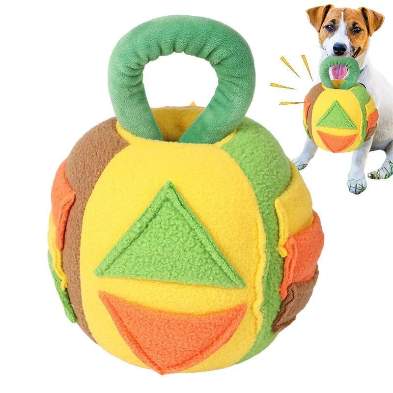 Pink and green squeaky plush ball dog toy with treat pockets for interactive play