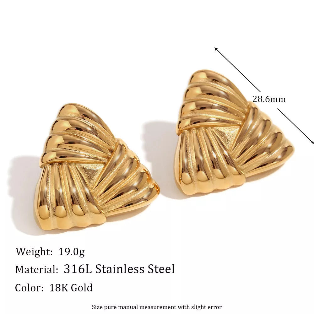 18K gold triangular stud earrings with retro design for women