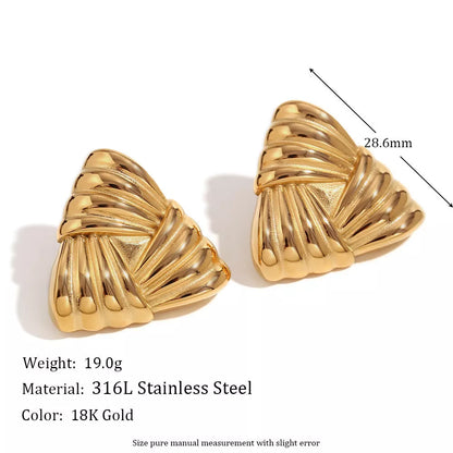 18K gold triangular stud earrings with retro design for women