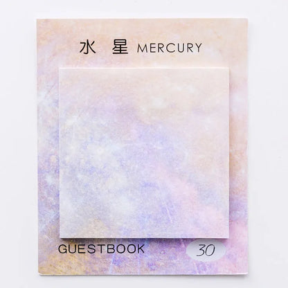 Square 7.3cm sticky notes with oil painting planet designs including Earth, Mars, Mercury, Pluto, and moon variations