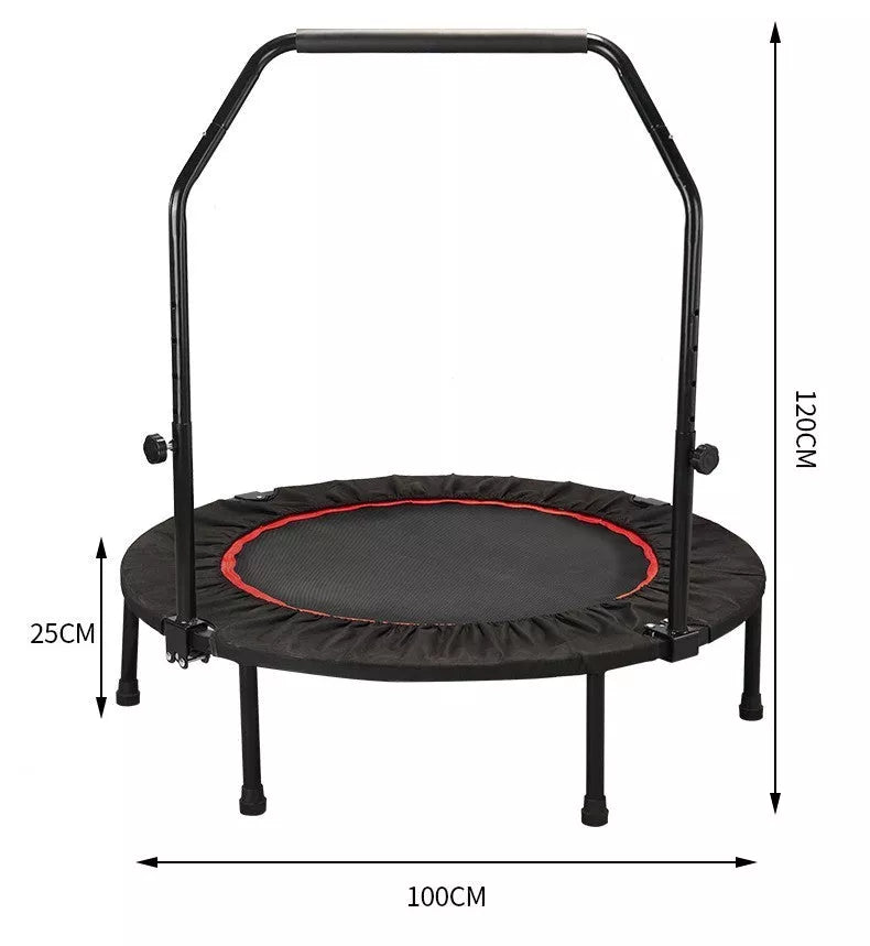 Red and black indoor trampoline with optional safety handrail for kids and adults