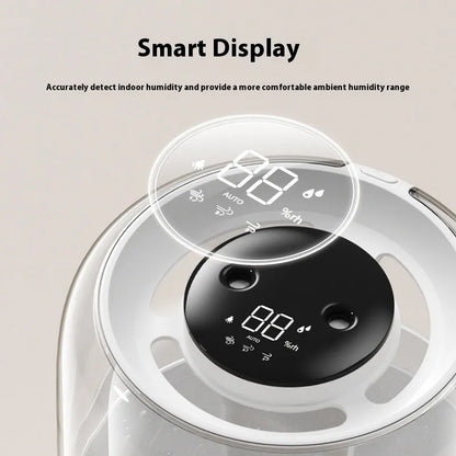Beige round humidifier with dual spray nozzles, humidity display, and USB power connection