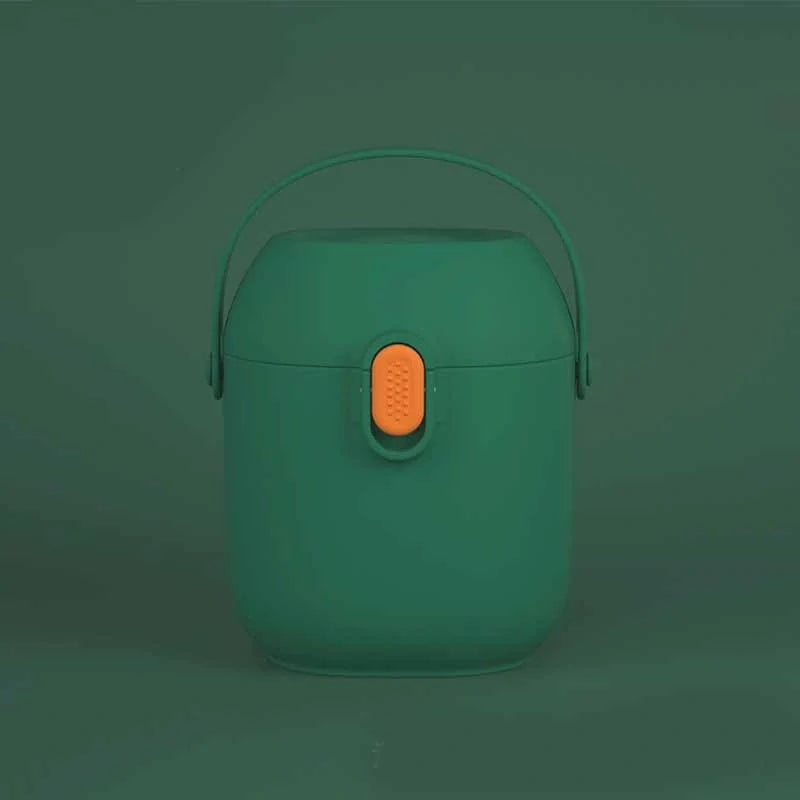 Airtight baby milk powder storage container with scoop in blue, green, and pink