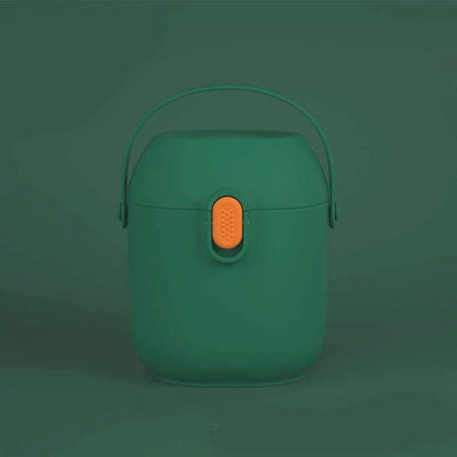 Airtight baby milk powder storage container with scoop in blue, green, and pink