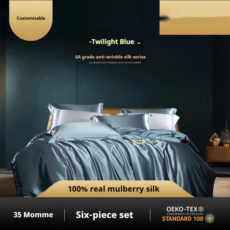 Household Fashion silk four-piece quilt cover set in solid colour showing 100% silk material texture and light luxury design
