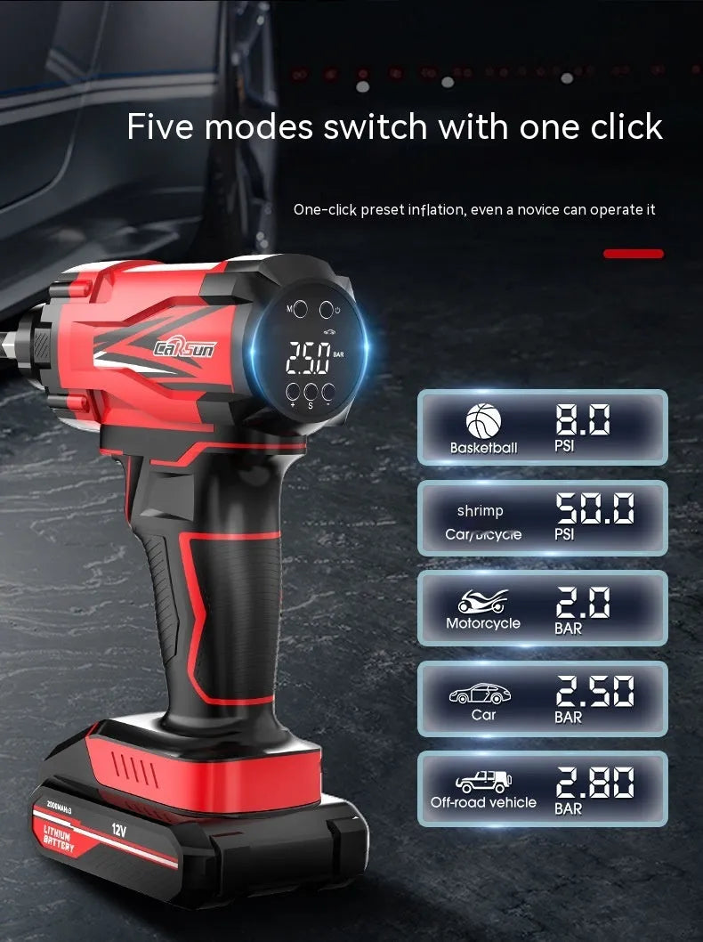 Red and black portable car wireless air pump with nozzle attachments and power cable