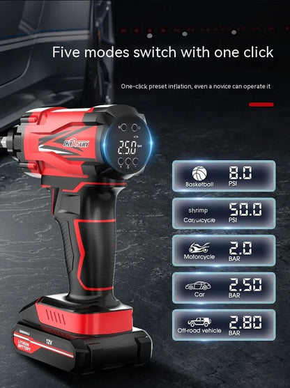 Red and black portable car wireless air pump with nozzle attachments and power cable
