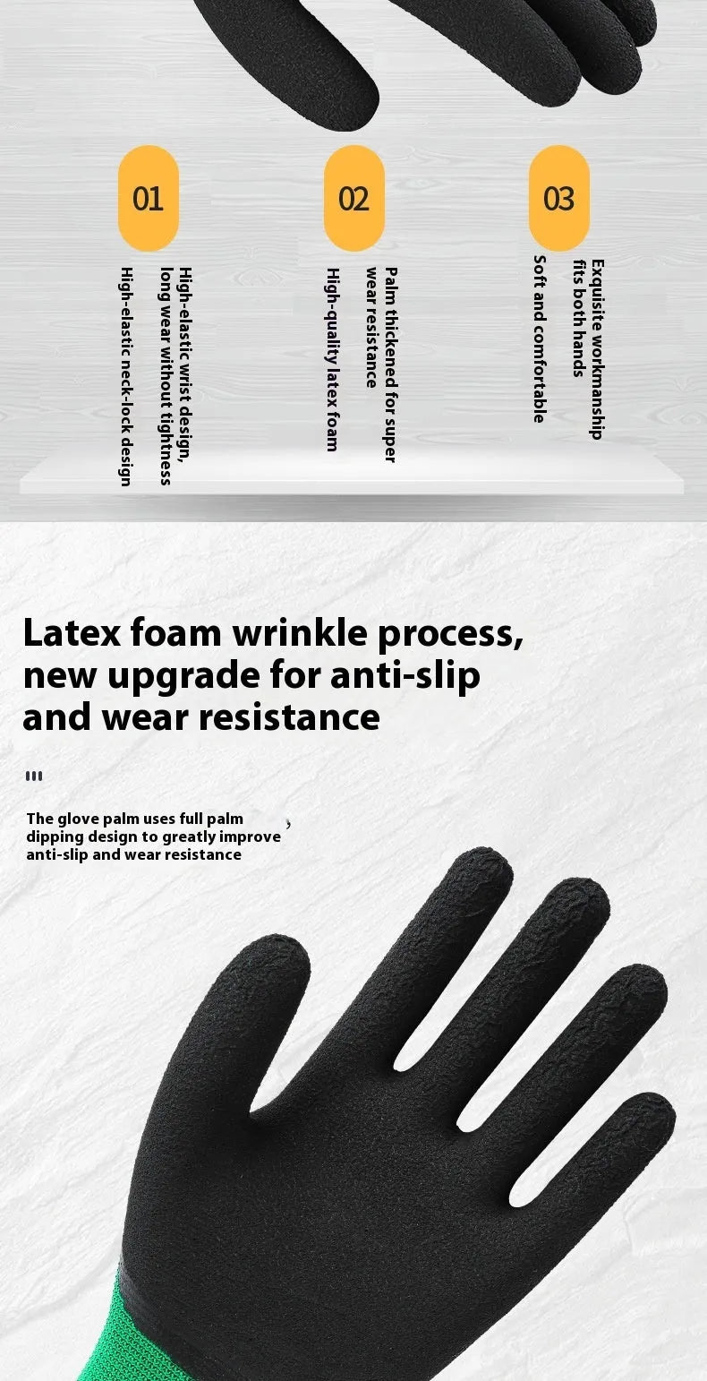 A pack of 12 pairs of black and green rubber work gloves for industrial and site use.
