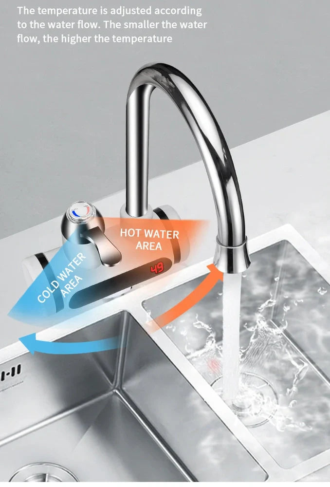 White kitchen electric water tap with digital temperature display showing instant heating capability