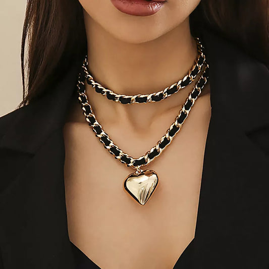 Double-layer chains heart pendant necklace in gold and white, street punk style fashion jewelry