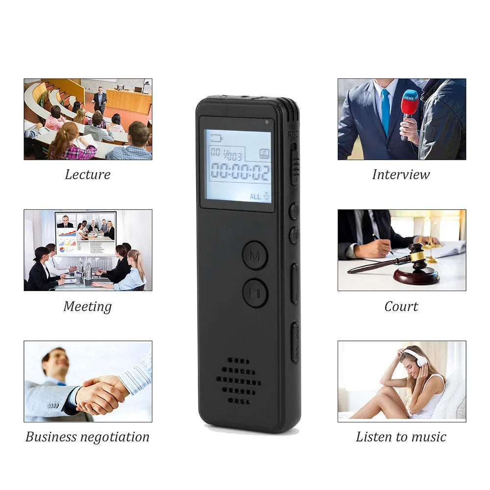 Black MP3 digital voice recorder with matte finish, 88mm x 33mm x 12.5mm, featuring a broken code screen and one-key recording button.
