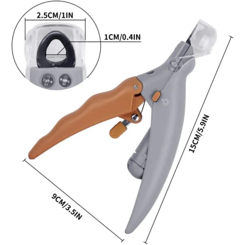 Yellow plastic pet nail clipper with LED light and magnifying lens for dog and cat grooming