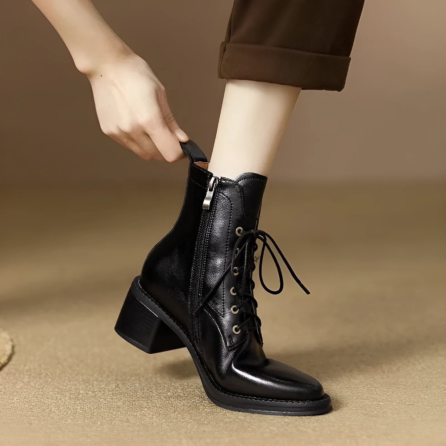 Women's black French pointy toe short tube boots with 13cm shaft height and 5.5cm heel