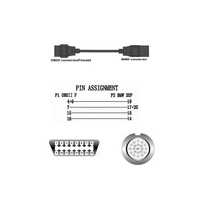 OBD2 BMW 20-pin to 16-pin diagnostic connector cable with corrosion-resistant connectors