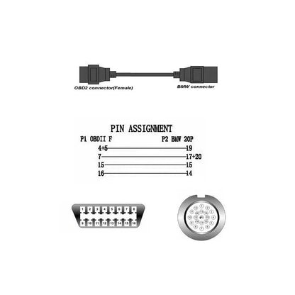 OBD2 BMW 20-pin to 16-pin diagnostic connector cable with corrosion-resistant connectors