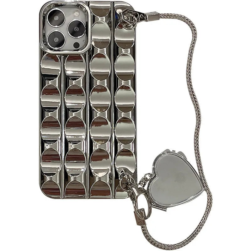 Electroplated silver heart mirror phone case in silicone for iPhone 11 to 15 Pro Max, fall protection cover.