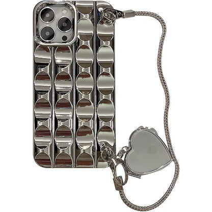 Electroplated silver heart mirror phone case in silicone for iPhone 11 to 15 Pro Max, fall protection cover.