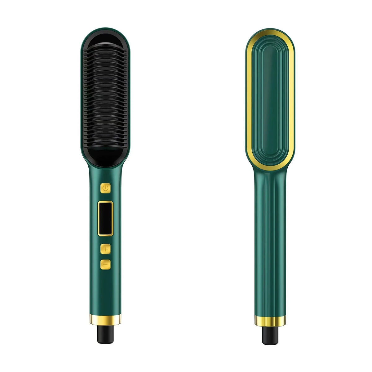 Display hair straightener and curler with ABS heater band, plug-in power, in black, white, red, green, or beige.