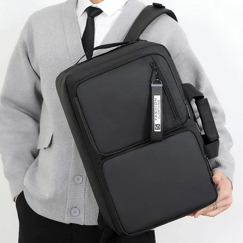 Versatile business laptop backpack with large capacity, USB charging port, and stylish design in gray and black colors