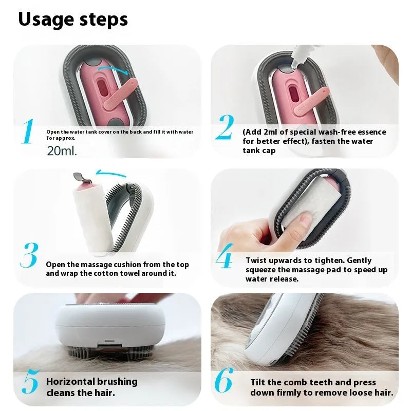 Large blue silicone-bristle dog comb with a bottle of cleansing essence