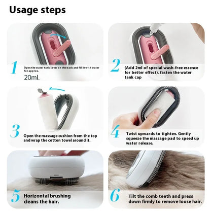 Large blue silicone-bristle dog comb with a bottle of cleansing essence