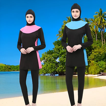 Conservative black women's swimsuit with long sleeves, a hood, and rose red panels.