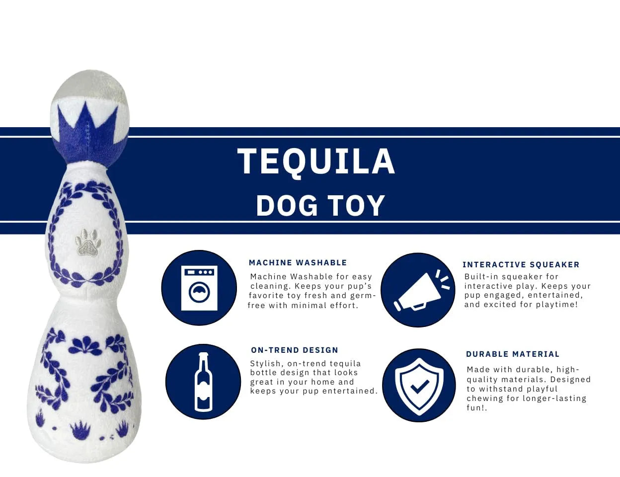 Red and white plush dog toy shaped like a tequila bottle with squeaker