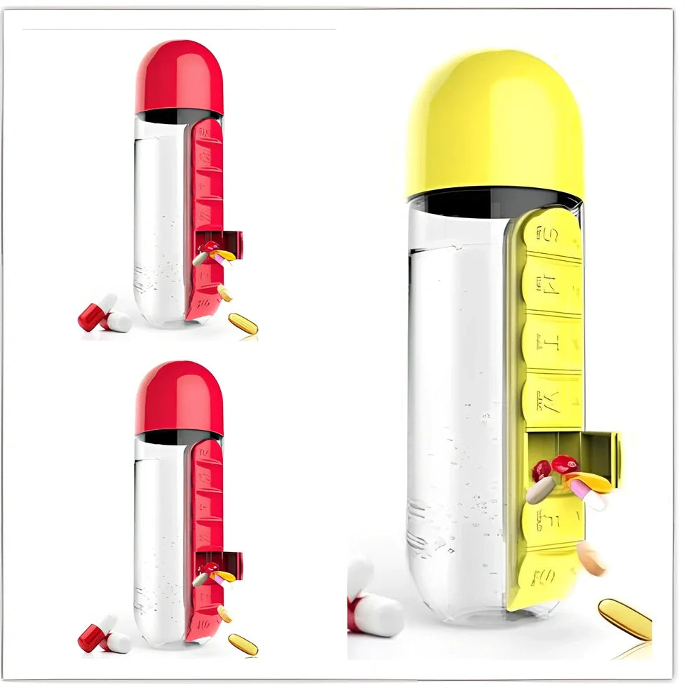 Two-in-one water cup with attached 7-day pill organiser showing daily compartments and screw-top lid