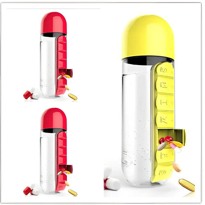 Two-in-one water cup with attached 7-day pill organiser showing daily compartments and screw-top lid