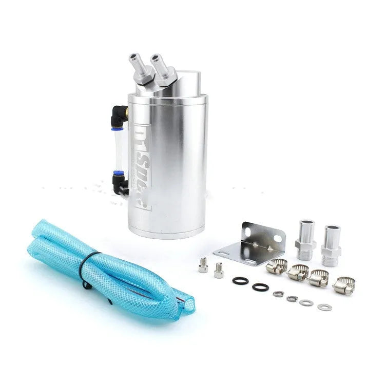 Car engine oil catch tank in metallic finish showing round and square model options
